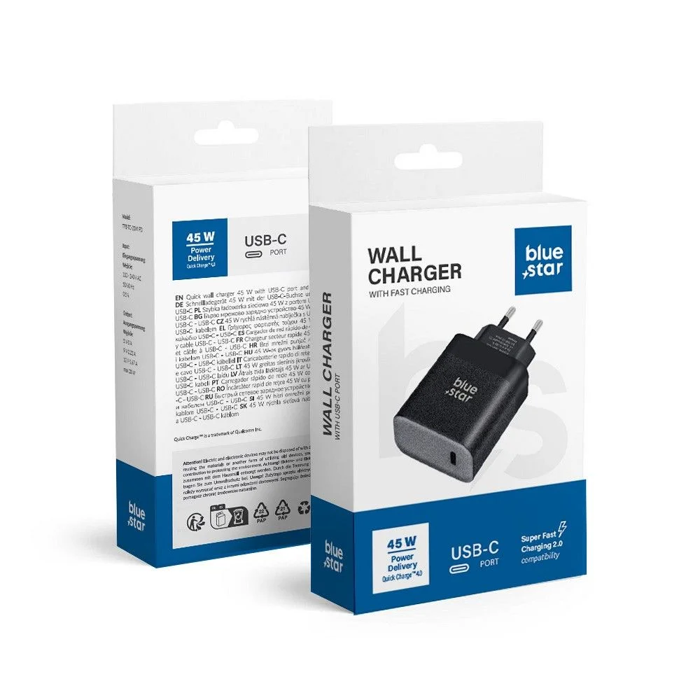Φωτογραφία προϊόντος: Universal Travel Charger Blue Star with USB C socket - 3A 45W with PD and QC 4.0 function