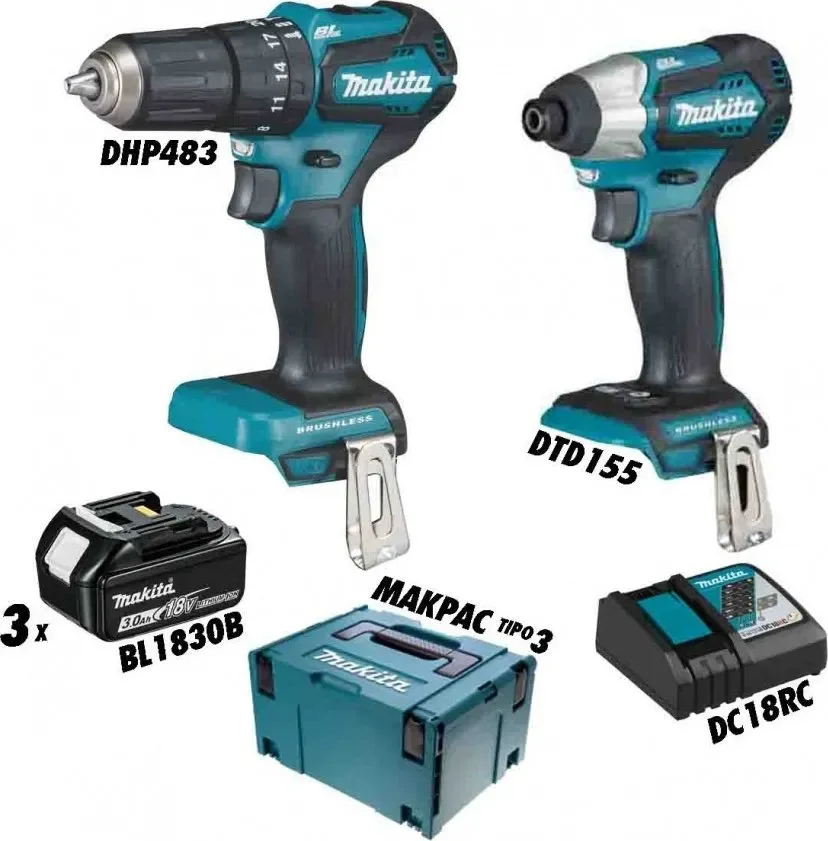 Φωτογραφία προϊόντος: Makita Promo kit DLX2221JX3 - Kρουστικό δραπανοκατσάβιδο DHP483 + ο παλμικό κατσαβίδι DTD155, μαζι με ταχυφορτιστή, βαλίτσα μεταφοράς MakPac + 3 μπαταρίες 3.0Ah (3×3.0Ah)