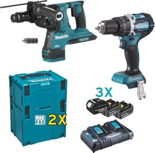 Φωτογραφία προϊόντος: Makita Promo kit DLX2280PTJ - Κρουστικό δραπανοκατσάβιδο DHP484 + ο πιστολέτο 3 λειτουργιών DHR281 μαζι με ταχυφορτιστή, 2 βαλίτσες μεταφοράς MakPac + 3 μπαταρίες 5.0Ah (3×5.0Ah)