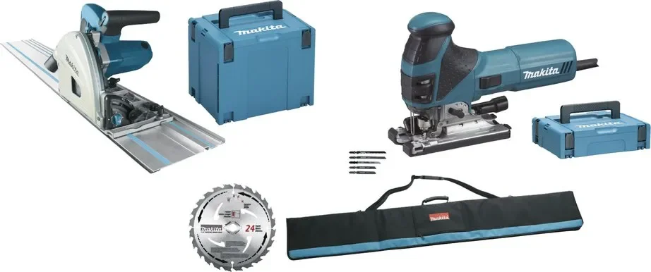 Φωτογραφία προϊόντος: Makita MEU029J - Promo Kit Το δισκοπρίονο SP6000J και τη σέγα 4351FCTJ μαζί με πλαϊνό οδηγό 1500mm, πριονόδισκος σετ (5τμχ) λάμες σέγας και 2 βαλίτσες ματαφοράς.