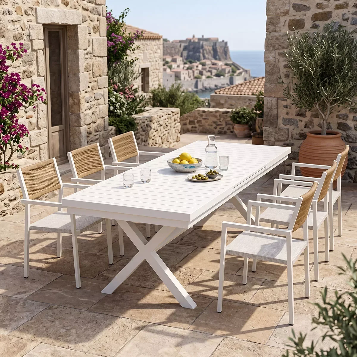 Φωτογραφία προϊόντος: Τραπεζαρία Dagyn Savor pakoworld σετ 7τεμ λευκό αλουμίνιο με textline PE rattan σε φυσική απόχρωση 180-240x90x76εκ