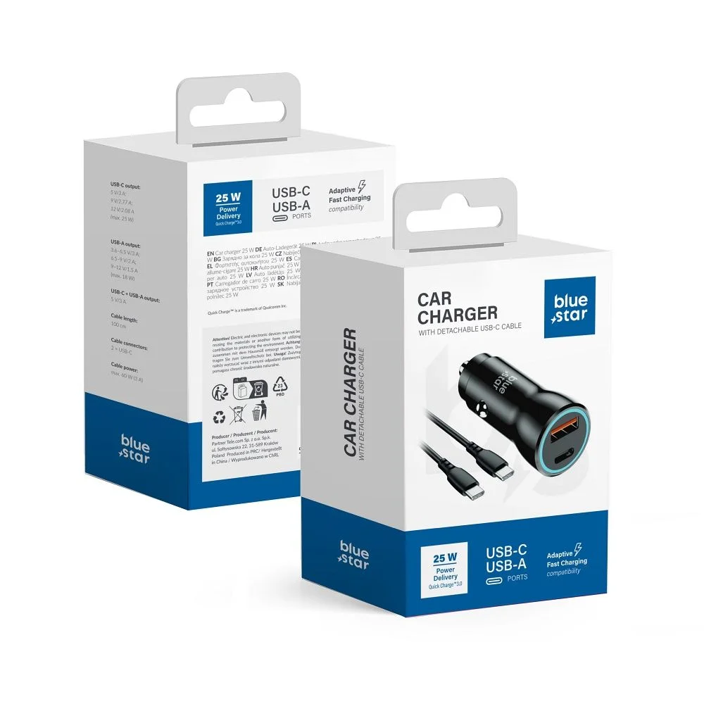 Φωτογραφία προϊόντος: Car Charger Blue Star 25W (PD, QC 3.0, AFC) with USB C socket and USB C-C 60W data cable