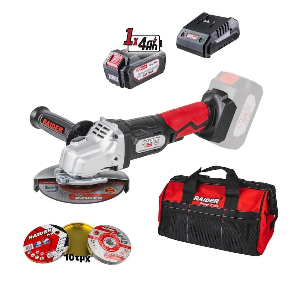 Φωτογραφία προϊόντος: RAIDER R20 combo Γωνιακός τροχός με φορτιστή + μπαταρία 4Ah/1h δίσκοι 10τεμ. + τσάντα