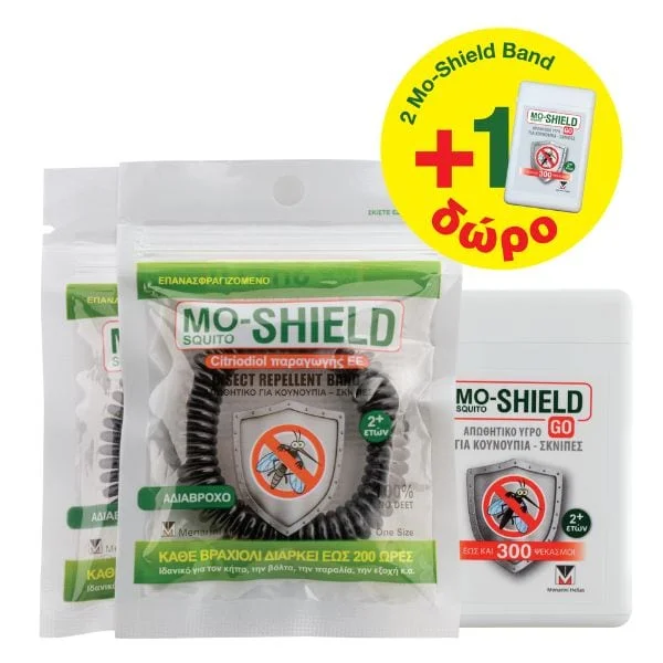 Φωτογραφία προϊόντος: Menarini Mo-Shield Insect Repellent Band Απωθητικό Βραχιόλι Για Κουνούπια & Σκνίπες Μαύρο 2 τμχ + Δώρο Mo-Shield Go 17 ml