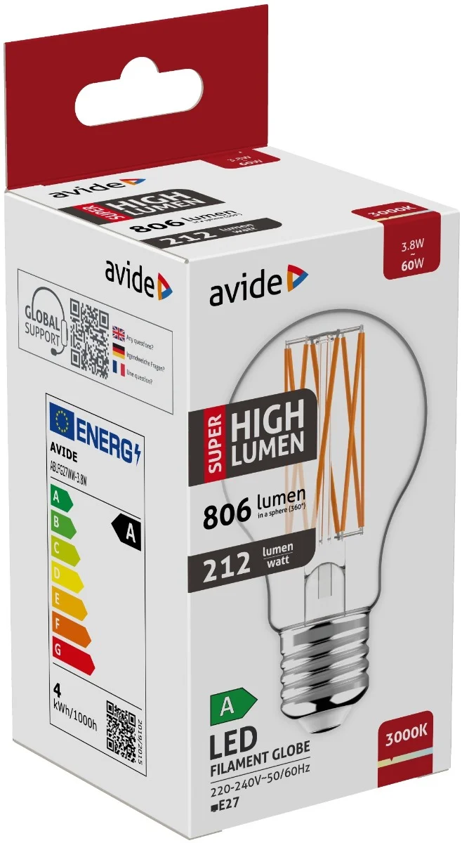 Φωτογραφία προϊόντος: Avide LED Filament Κοινή 3.8W E27 Θερμό 3000K Super Υψηλής Φωτεινότητας