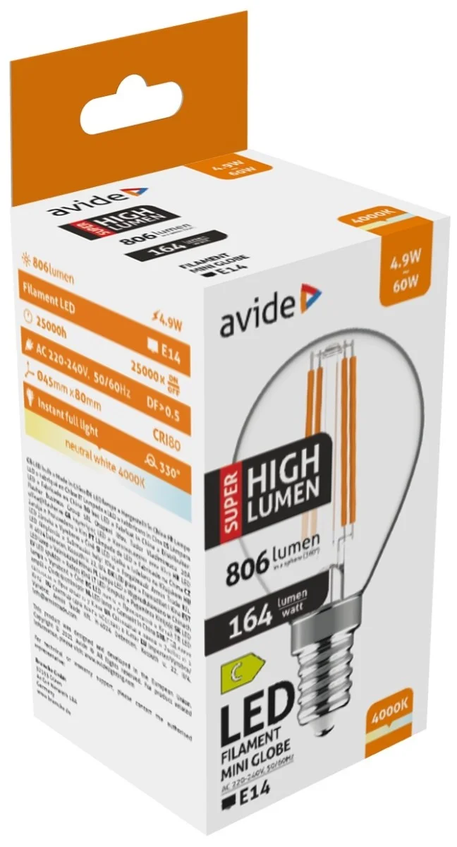 Φωτογραφία προϊόντος: Avide LED Filament Σφαιρική 4.9W E14 Λευκό 4000K Super Υψηλής Φωτεινότητας