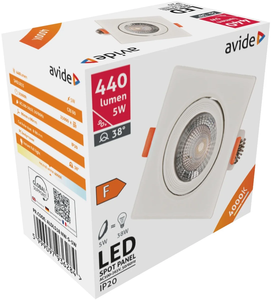 Φωτογραφία προϊόντος: Avide LED Χωνευτό Σπότ 38° Τετράγωνο 5W Λευκό 4000K