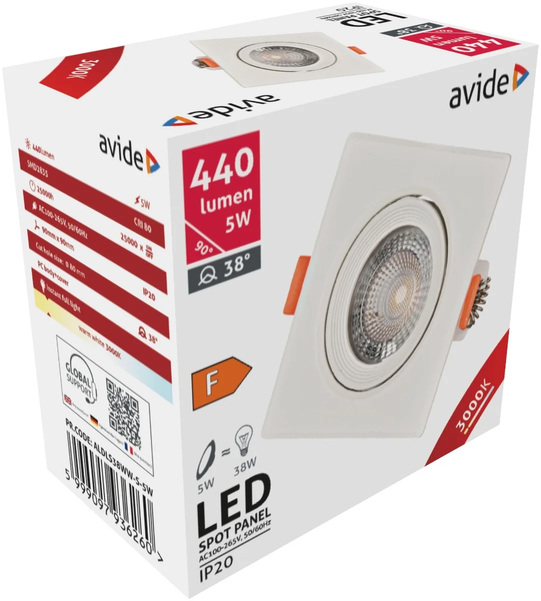 Φωτογραφία προϊόντος: Avide LED Χωνευτό Σπότ 38° Τετράγωνο 5W Θερμό 3000K