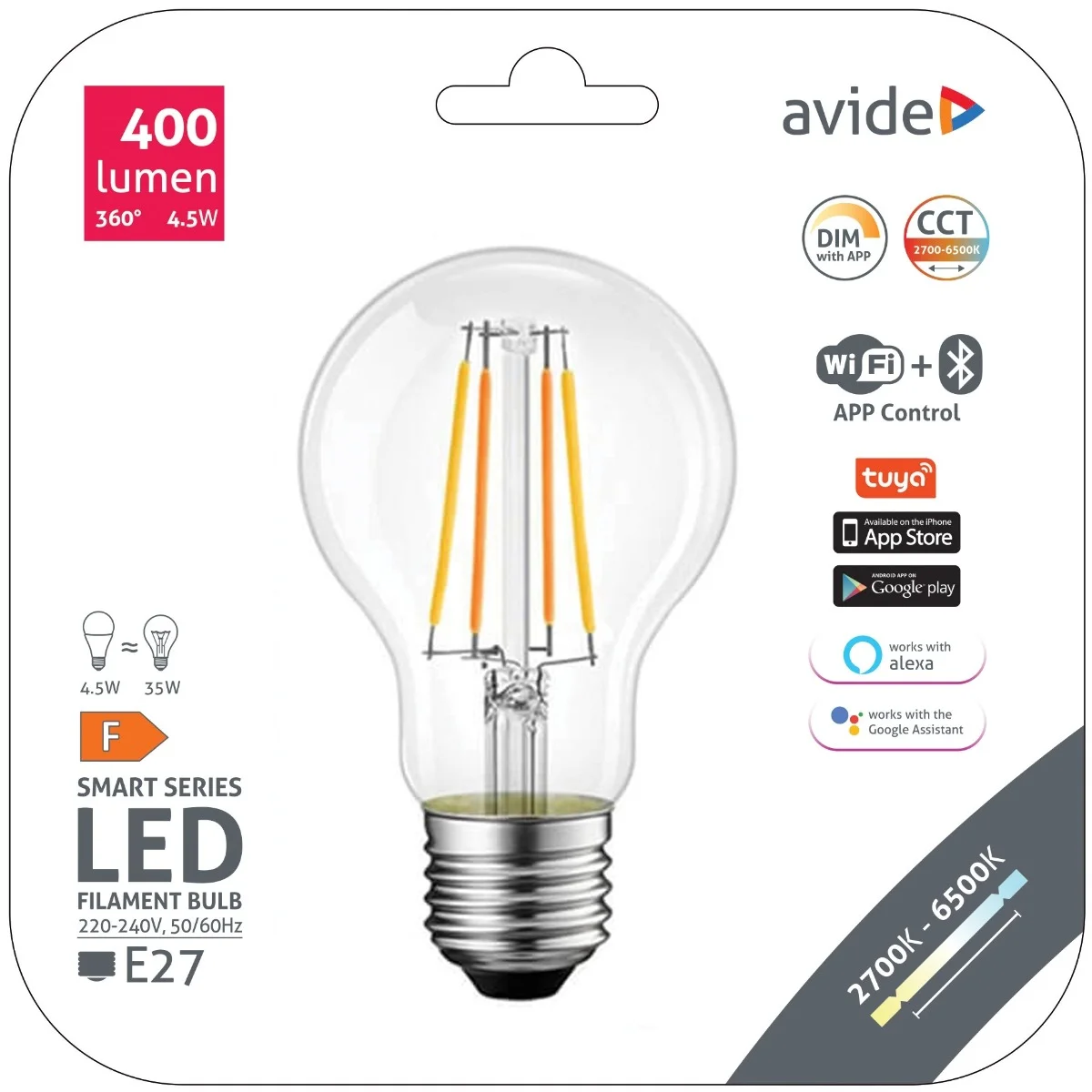 Φωτογραφία προϊόντος: Avide LED Smart Filament Κοινή A60 4.5W CCT WIFI + BLE APP Control