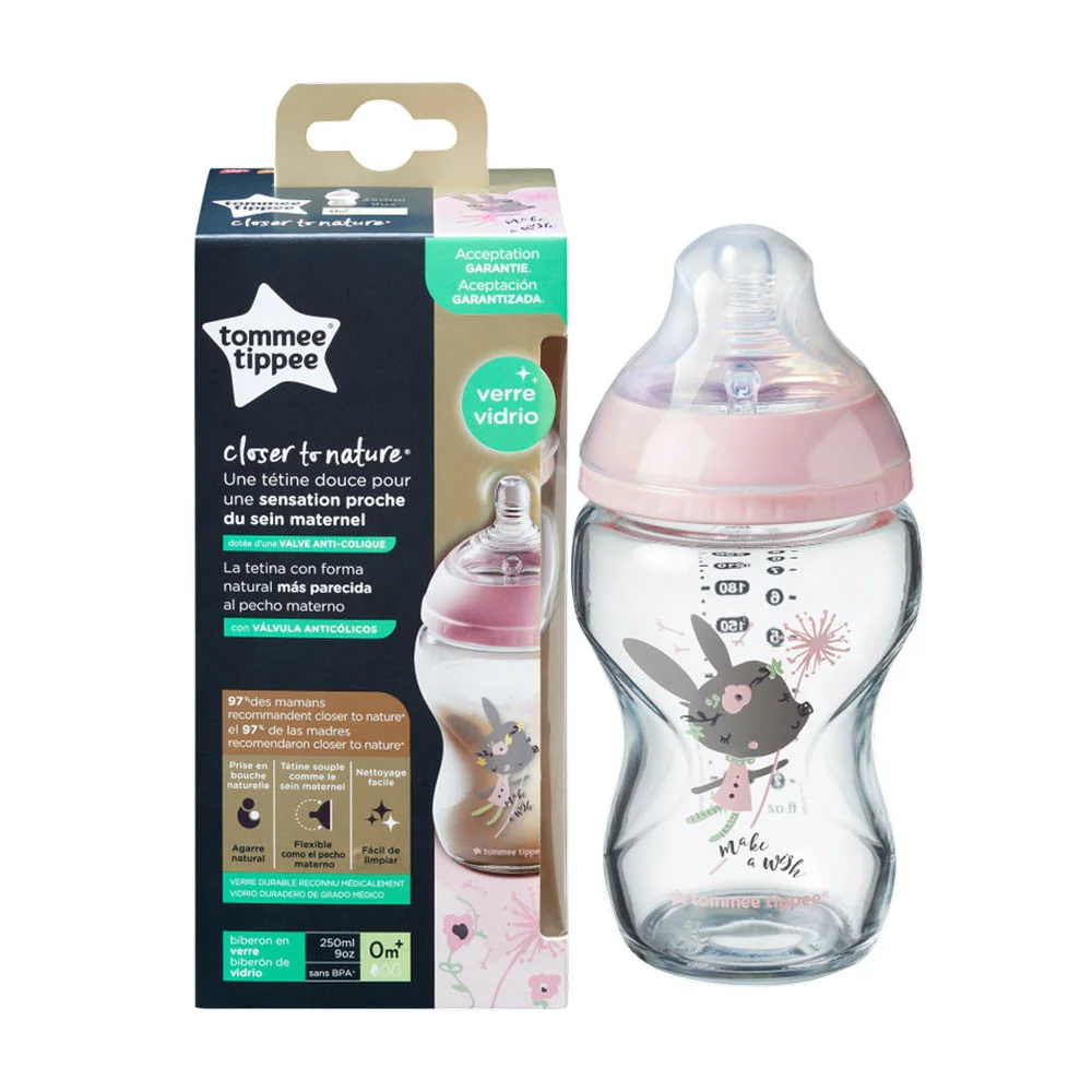 Φωτογραφία προϊόντος: Tommee Tippee Closer To Nature Γυάλινο μπιμπερό 0m+ 250ml μικρή ροή-ρόζ με σχέδιο 422706