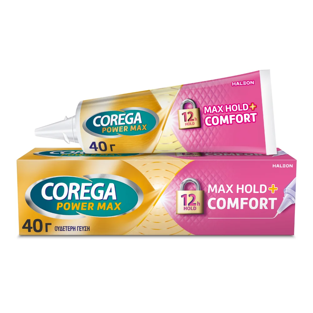 Φωτογραφία προϊόντος: COREGA Max Hold + Comfort - Στερεωτική Κρέμα Τεχνητής Οδοντοστοιχίας για έως και 12 ώρες Συγκράτησης 40g