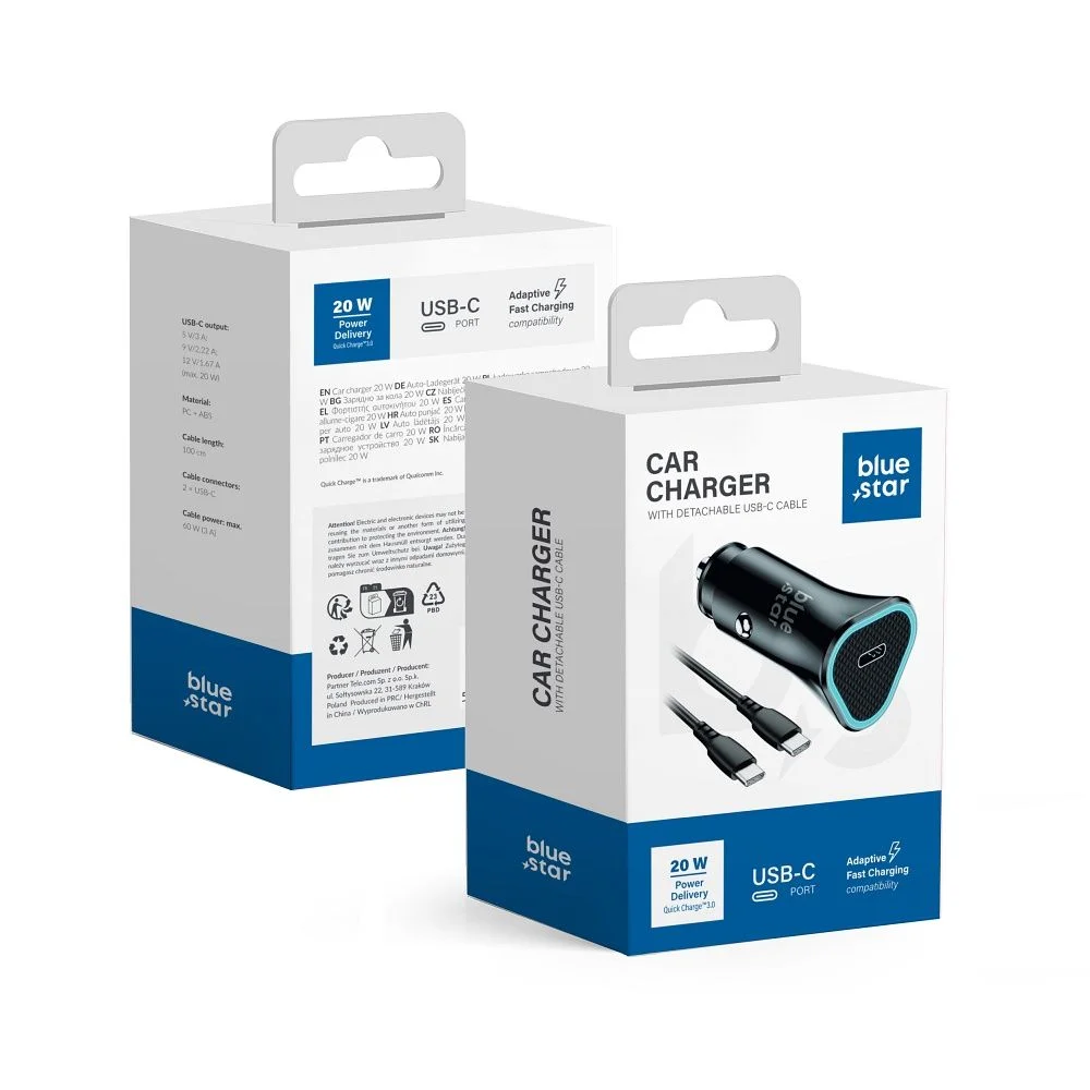 Φωτογραφία προϊόντος: Car Charger Blue Star 20W (PD, QC 3.0, AFC) with USB C socket and USB C-C 60W data cable