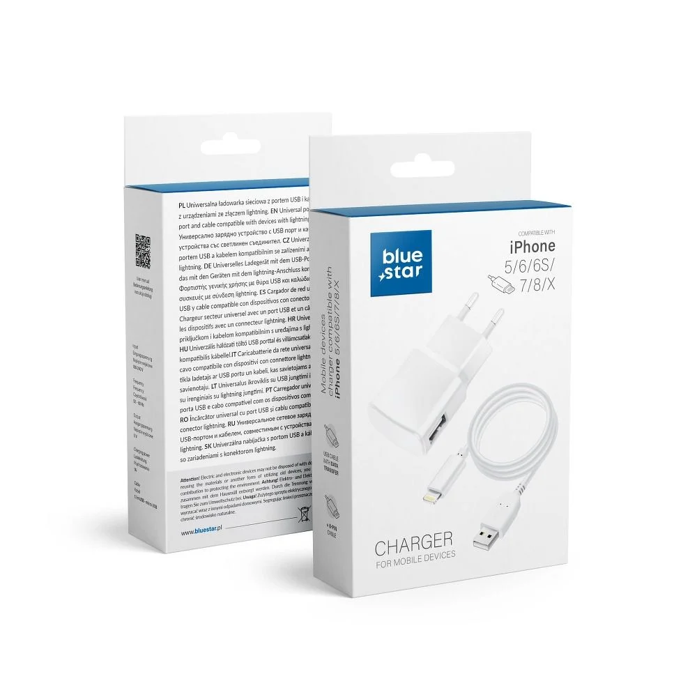 Φωτογραφία προϊόντος: . Travel Charger for iPhone 5/6/6s/7/8/X Blue Star white