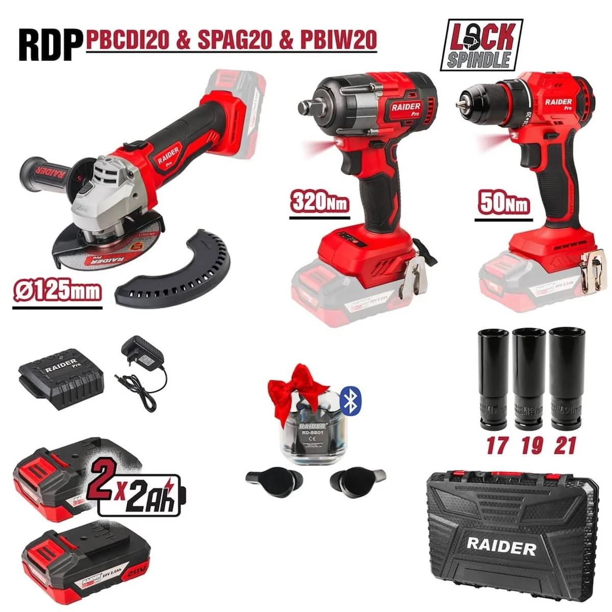 Φωτογραφία προϊόντος: RAIDER R20 Σετ Γωνιακός τροχός,δραπανοκατσάβιδο + μπουλονόκλειδο 2x2Ah RDP-PBCDI20+SPAG20+PBIW20 030255