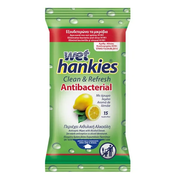 Φωτογραφία προϊόντος: Wet Hankies Clean +amp; Protect Antibacterial Αντιβακτηριδιακά Μαντηλάκια με άρωμα λεμόνι, 15τμχ