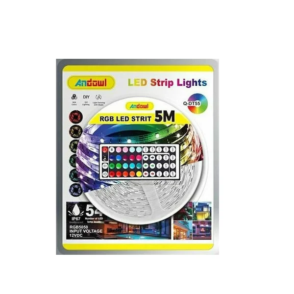 Φωτογραφία προϊόντος: OEM Andowl Αδιάβροχη Ταινία LED Τροφοδοσίας 12V RGB Μήκους 5m Σετ με Τηλεχειριστήριο και Τροφοδοτικό Τύπου SMD5050 Q-DT55