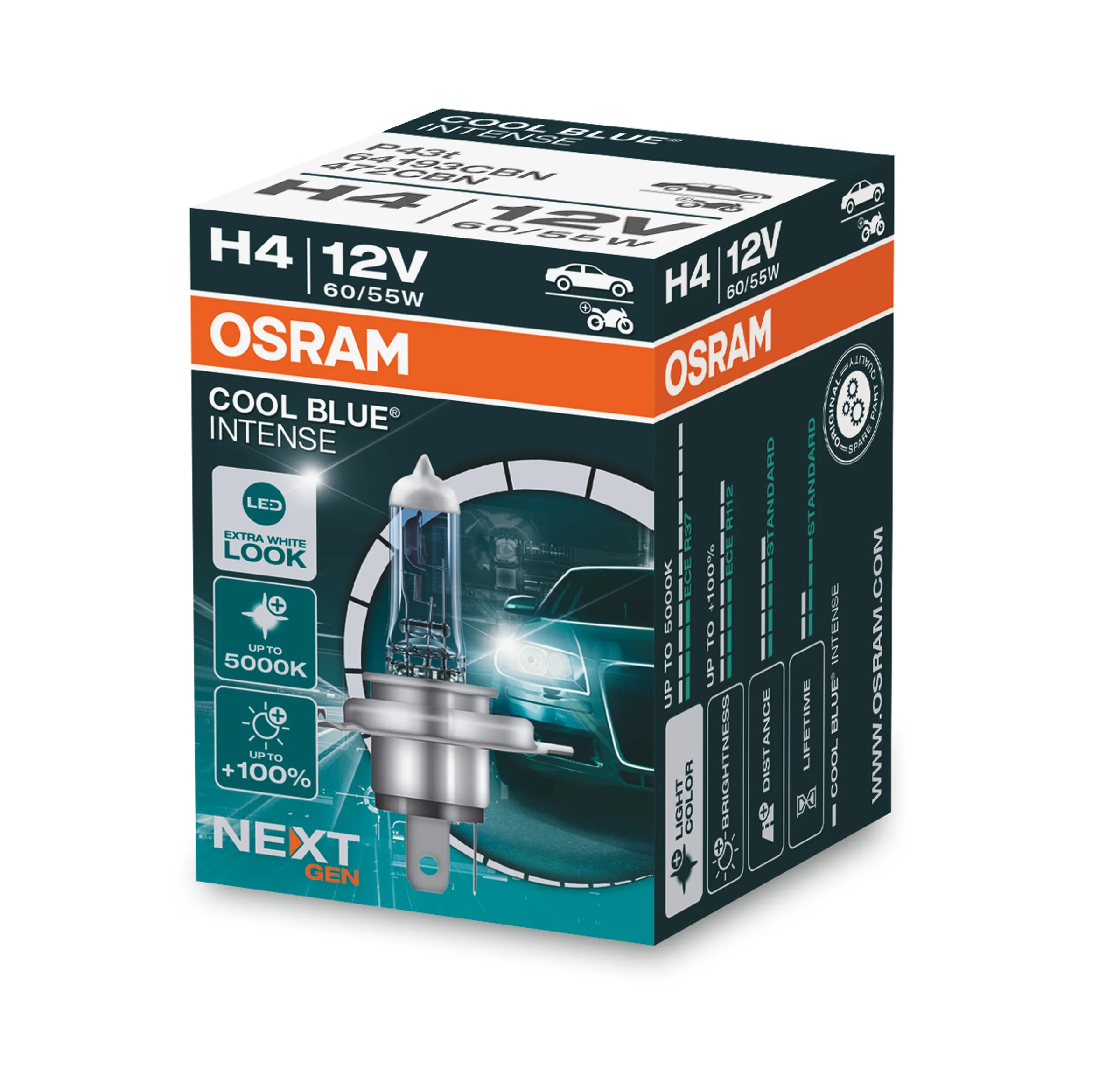 Φωτογραφία προϊόντος: OSRAM H4 12V 60 / 55W P43t Cool Blue INTENSE NextGeneration 5000K + 100% Περισσότερο Φως (64193CBN) 1τμχ