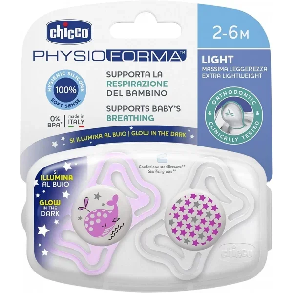 Φωτογραφία προϊόντος: Chicco πιπίλα PHYSIO LIGHT ΓΙΑ ΤΗ ΝΥΧΤΑ pink stars+whale 2-6Μ (2ΤΜΧ)