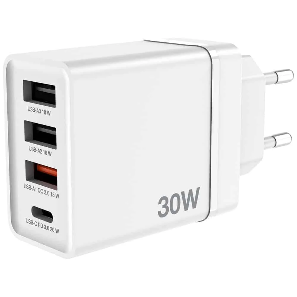 Φωτογραφία προϊόντος: Verbatim CHR-30EU2 USB Charger 30W με 1 x USB-C PD 20 W, 1 x USB-A QC 3.0 και 2 x USB-A 10W, Λευκός (EU)