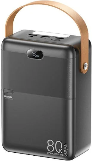 Φωτογραφία προϊόντος: Power Bank REMAX 80000mAh – Γρήγορη Φόρτιση 27W PD και 22.5W QC - 4 Συσκευές, LED Οθόνη, Μεγάλη Χωρητικότητα Μαύρο RPP-118