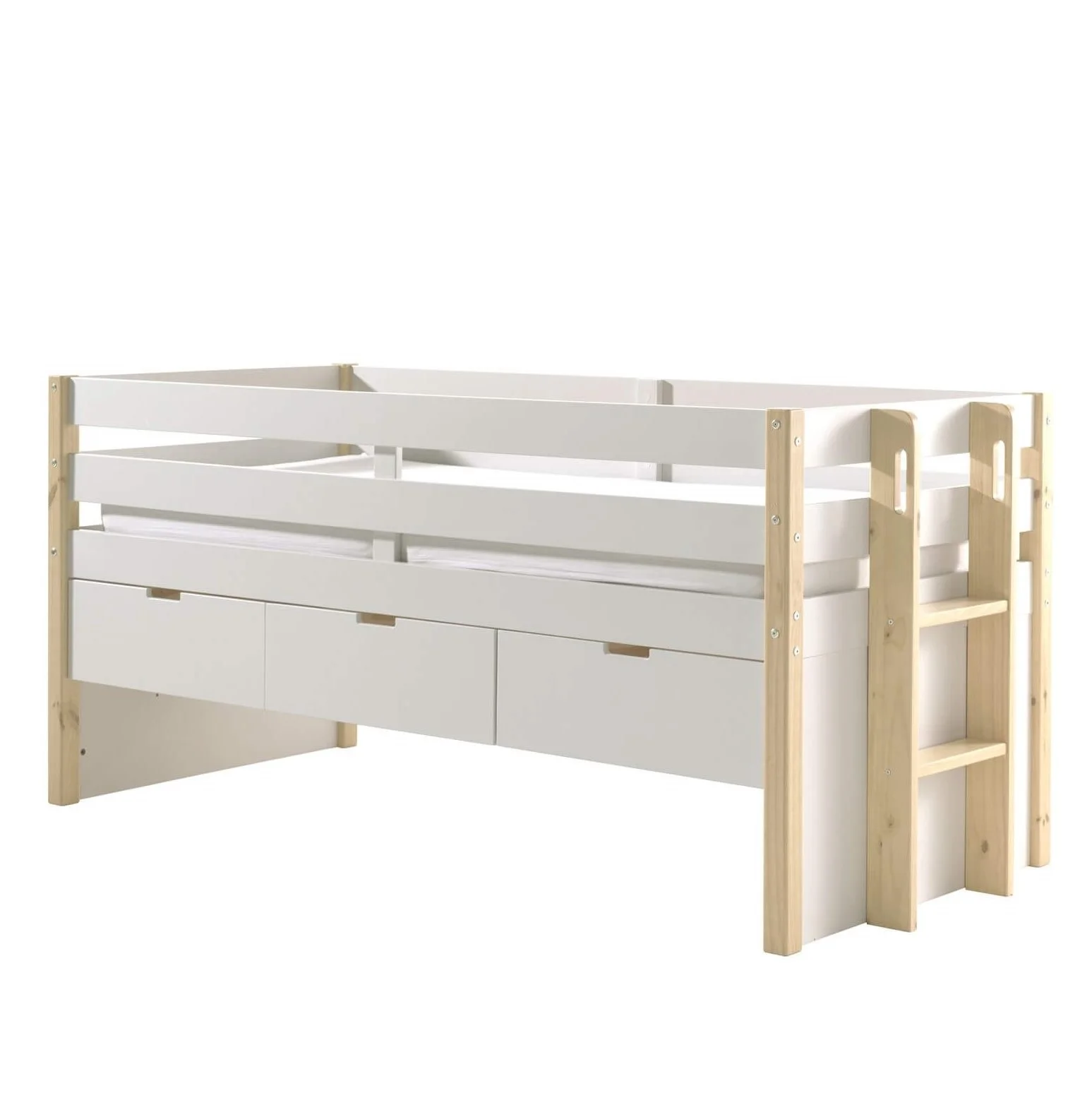 Φωτογραφία προϊόντος: Vipack Υπερυψωμένο Mid Sleeper κρεβάτι Margrit λευκό, με 3 συρτάρια αποθήκευσης - MDF + Ξύλο πεύκου - 219Μx98Πx100Υ