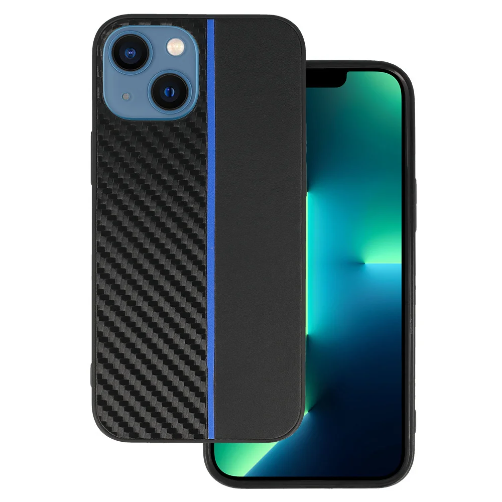 Φωτογραφία προϊόντος: Θήκη CARBON για iPhone 13 Mini Μαύρη με Μπλε Ρίγα