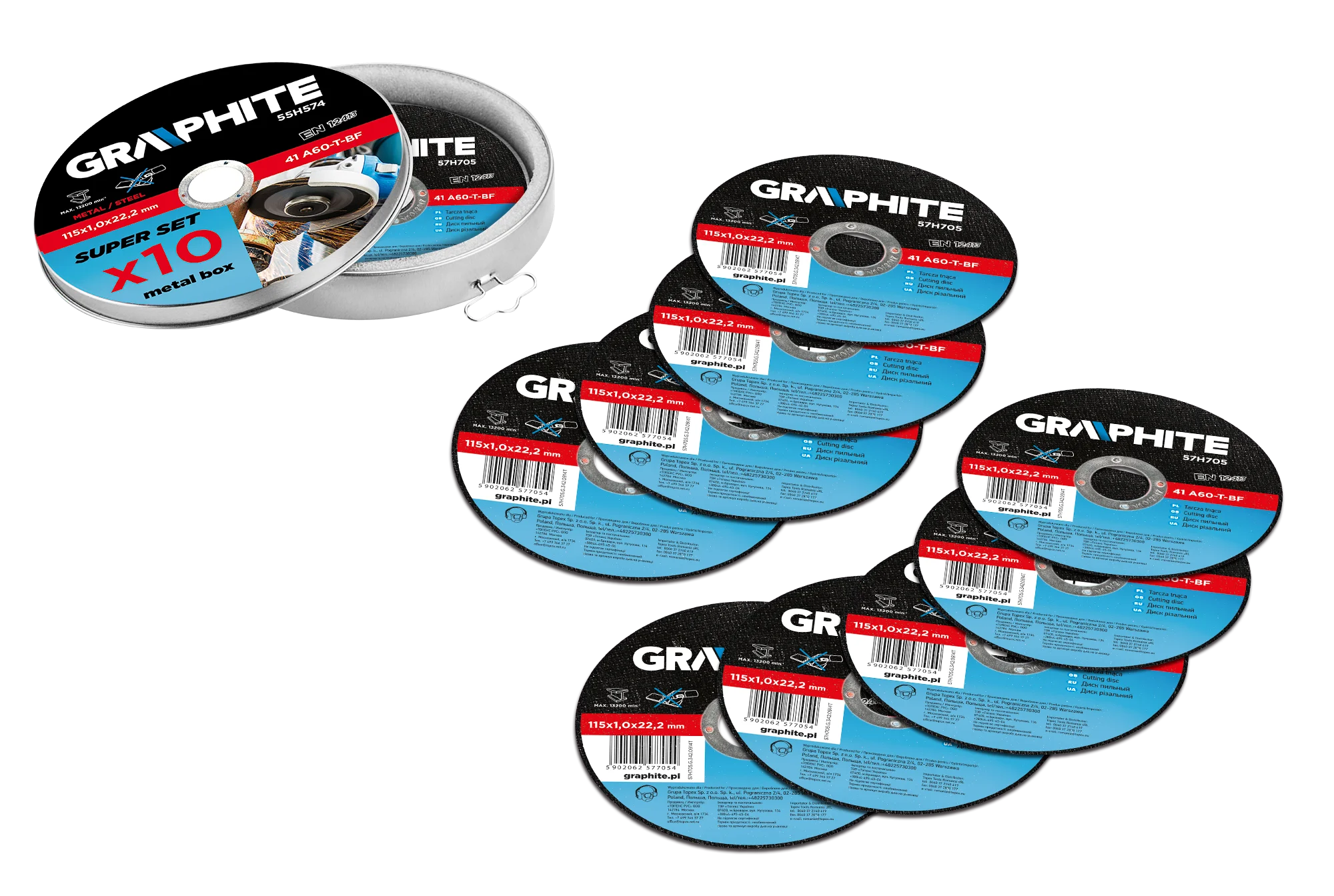 Φωτογραφία προϊόντος: GRAPHITE Δίσκοι κοπής μετάλλου σετ 10τμχ 115 mm 55H574