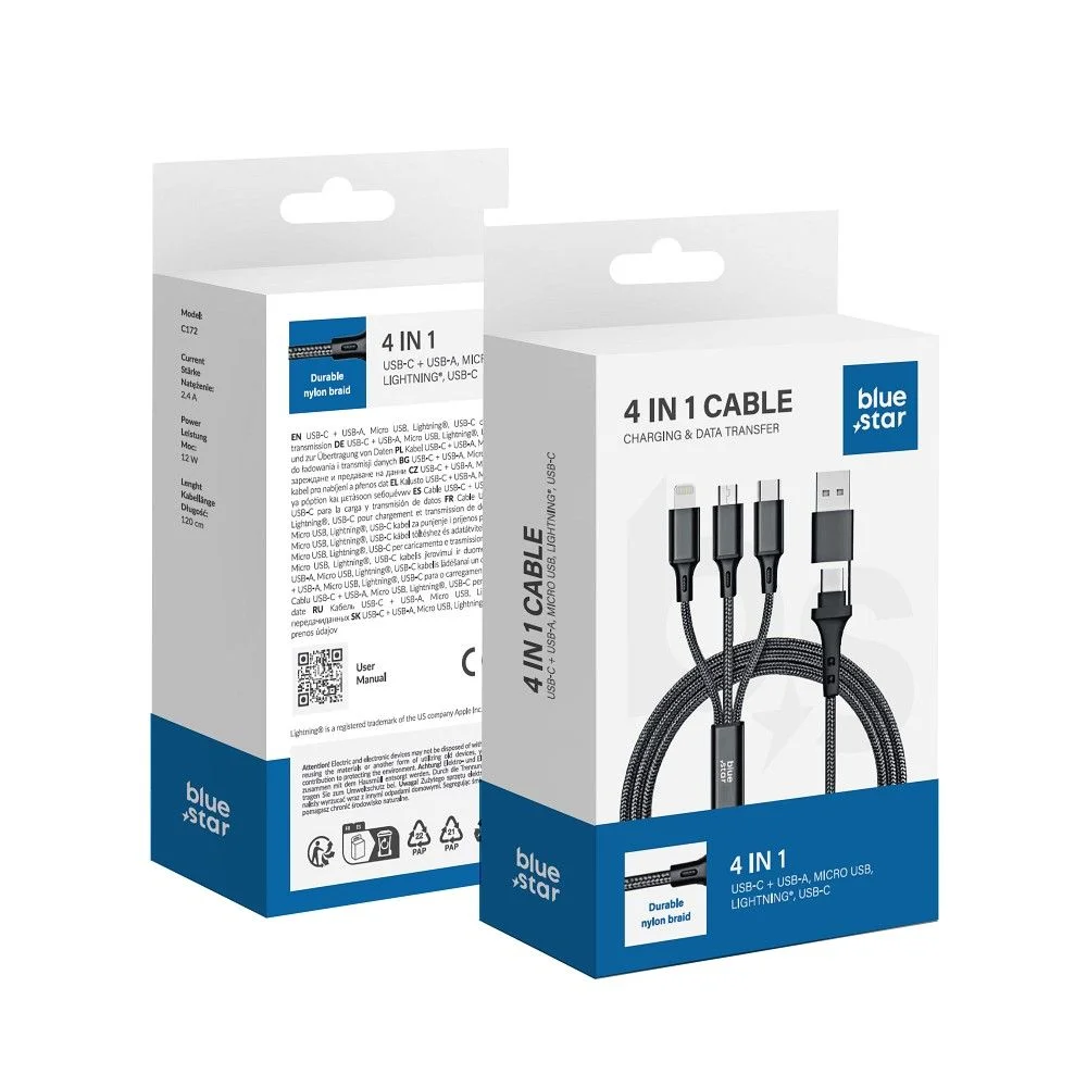 Φωτογραφία προϊόντος: BLUE STAR cable 4in1 Type C / USB A to Micro USB / Lightning / Type C 2,4A 12W Cafule C172 1,2 m black