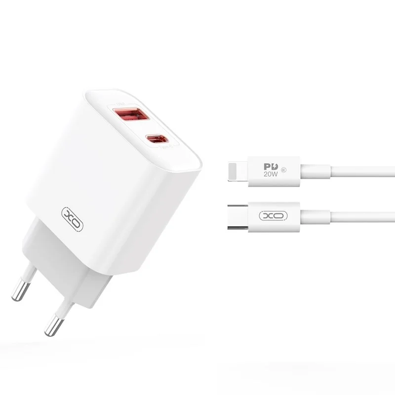 Φωτογραφία προϊόντος: XO wall charger CE12 PD QC3.0 20W 1x USB 1x USB-C white + USB-C - Lightning cable