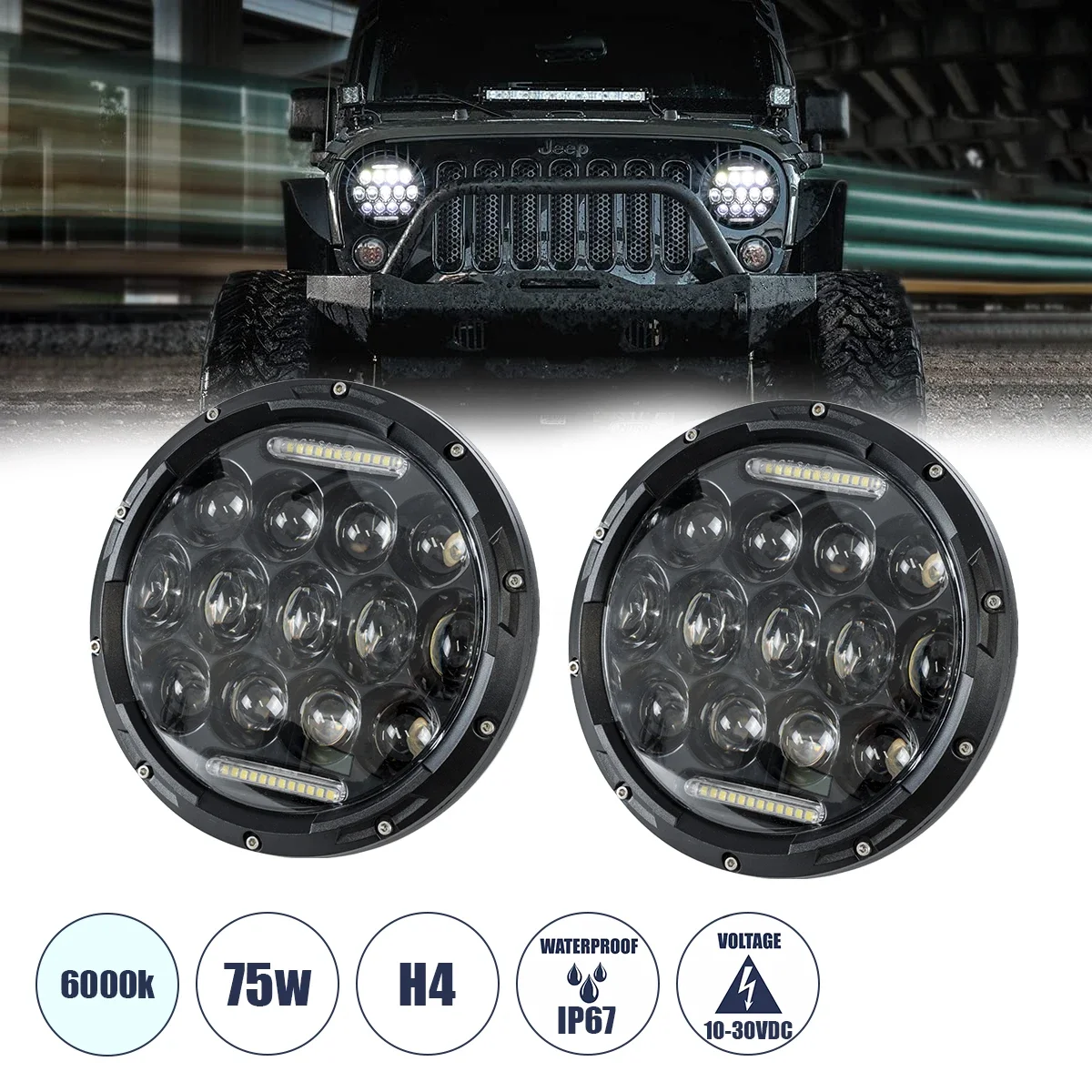 Φωτογραφία προϊόντος: GloboStar® 85417 Σετ 2 x Φανάρια JEEP WRANGLER 7 Ιντσών Βασικού Φωτισμού H/L με Ring Light DRL + Φλας LED CREE CXB COB 75W 12000lm DC 10-30V Αδιάβροχα IP67 Ψυχρό Λευκό 6000K