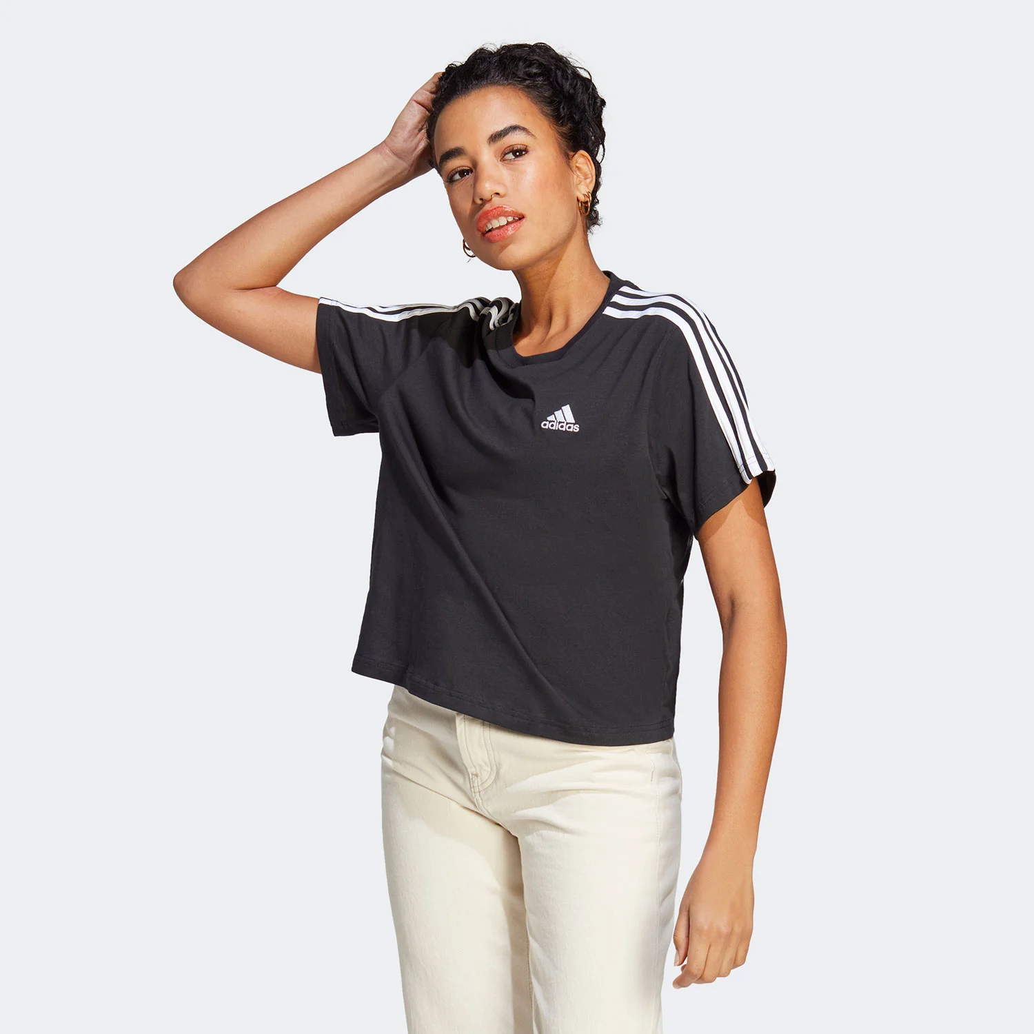 Φωτογραφία προϊόντος: ADIDAS PERFORMANCE ADIDAS ESSENTIALS 3-STRIPES SINGLE JERSEY CROP TOP T-SHIRT ΜΑΥΡΟ