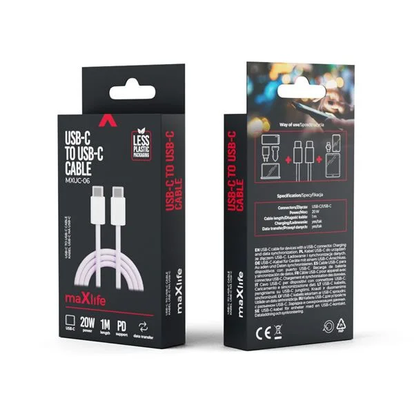 Φωτογραφία προϊόντος: Καλώδιο USB-C to USB-C Maxlife MXUC-06 Braided 20W Μωβ Nylon 1m