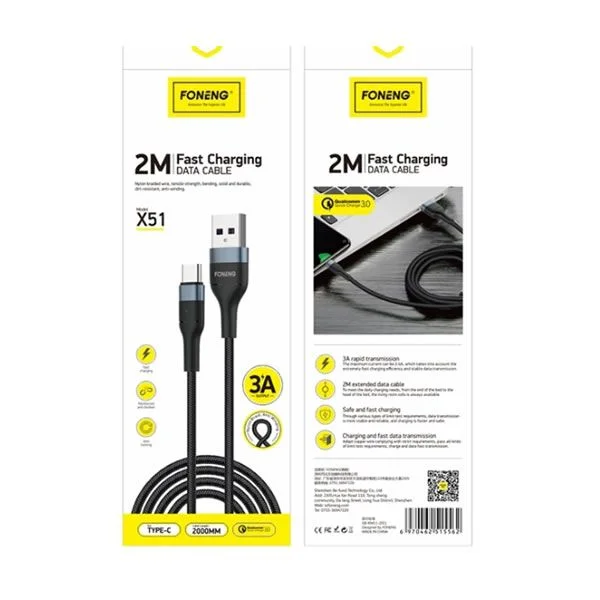 Φωτογραφία προϊόντος: Καλώδιο USB-A σε USB-C 3A Foneng X51 2m Black