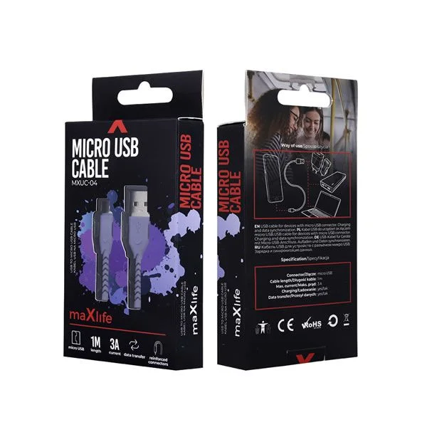 Φωτογραφία προϊόντος: Καλώδιο USB-A σε Micro-USB 1m 3A Μωβ Maxlife MXUC-04