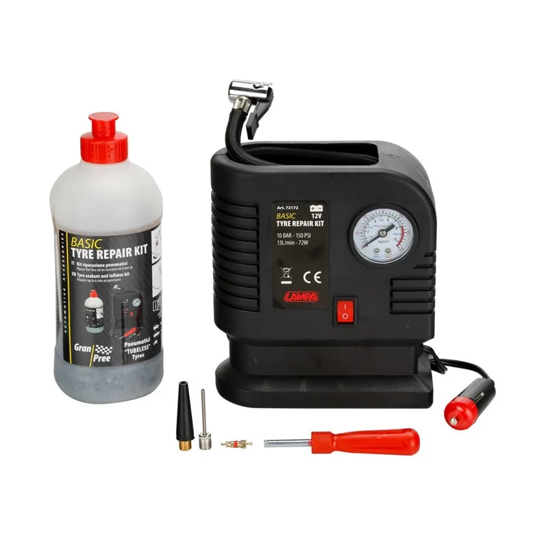 Φωτογραφία προϊόντος: ΚΟΜΠΡΕΣΕΡ ΑΕΡΑ BASIC TYRE REPAIR KIT ΜΕ ΥΓΡΟ ΕΠΙΣΚΕΥΗΣ ΕΛΑΣΤΙΚΩΝ 500ml ΜΕ ΜΑΝΟΜΕΤΡΟ 12V 300cmΚΑΛΩΔΙΟ LAMPA - 1 Tεμ.