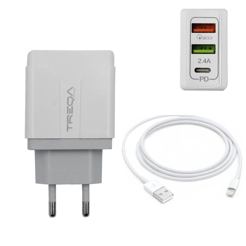 Φωτογραφία προϊόντος: Treqa Φορτιστής με 2 Θύρες USB-A και Θύρα USB-C και Καλώδιο Lightning 38W Power Delivery Λευκός (CH-640-L)