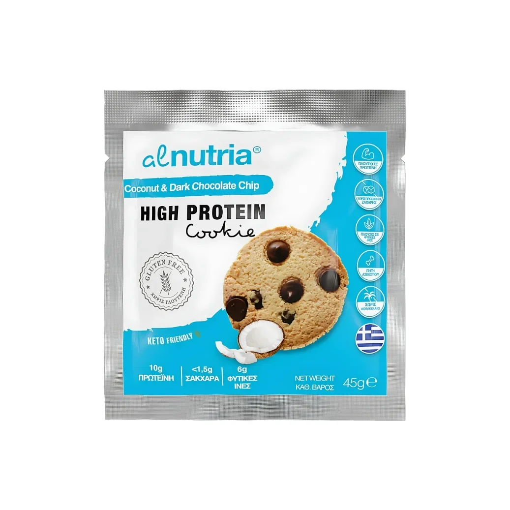 Φωτογραφία προϊόντος: Gluten Free Coconut & Dark Chocolate Chip High Protein Cookie 45g Alnutria