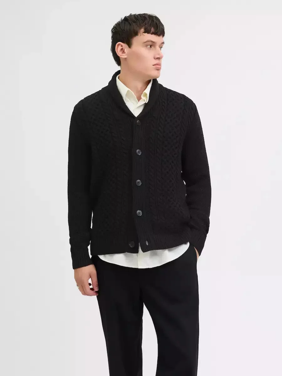 Φωτογραφία προϊόντος: JACK AND JONES PAUL KNIT CABLE SHAWL CARDIGAN 12279337 BLACK
