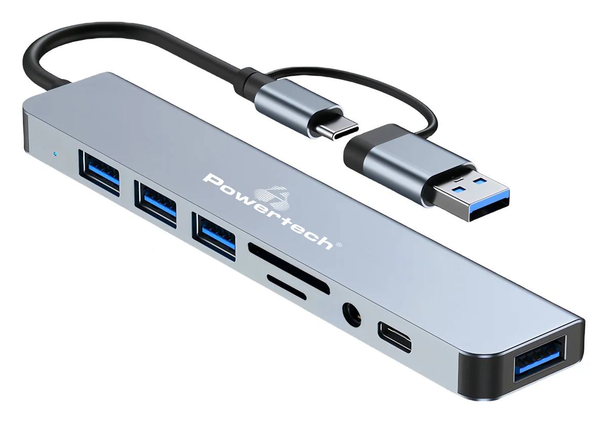Φωτογραφία προϊόντος: POWERTECH USB hub PTR-0151 με card reader, 8 θυρών, USB & USB-C, γκρι