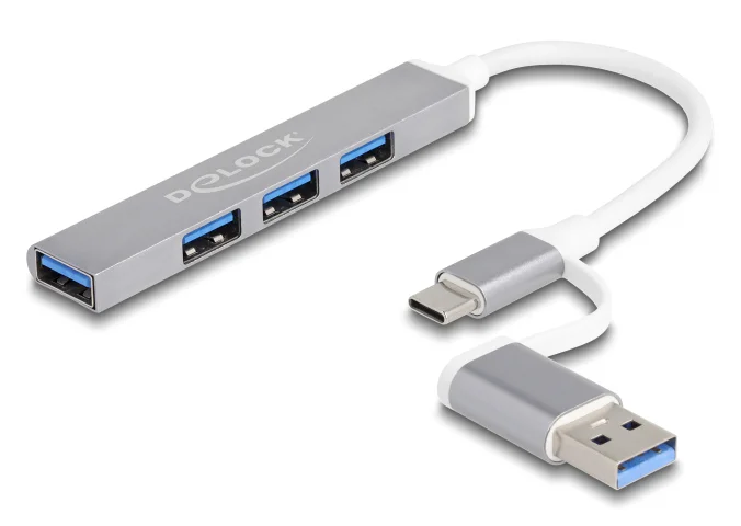 Φωτογραφία προϊόντος: DELOCK USB hub 64214, 4x θυρών, 5Gbps, USB & USB-C σύνδεση, γκρι