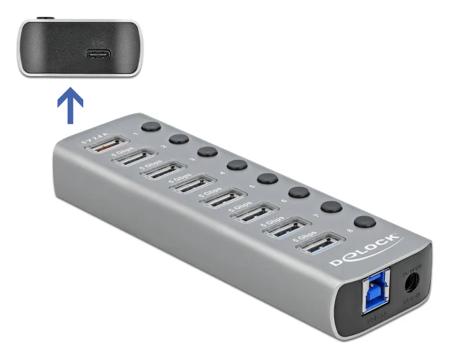 Φωτογραφία προϊόντος: DELOCK USB hub 63264 με διακόπτες, 9x θυρών, 5Gbps, 12V/2.25A PD, γκρι