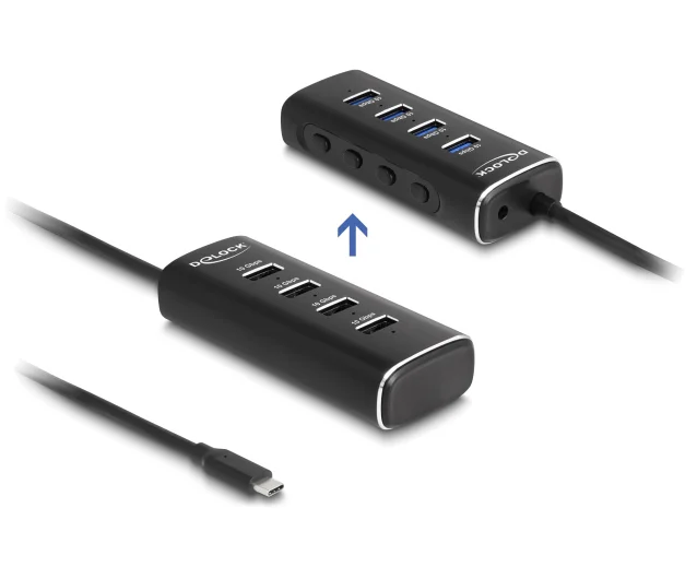 Φωτογραφία προϊόντος: DELOCK USB hub 64233 με διακόπτες, 4 θυρών, 10Gbps, USB-C σύνδεση, μαύρο