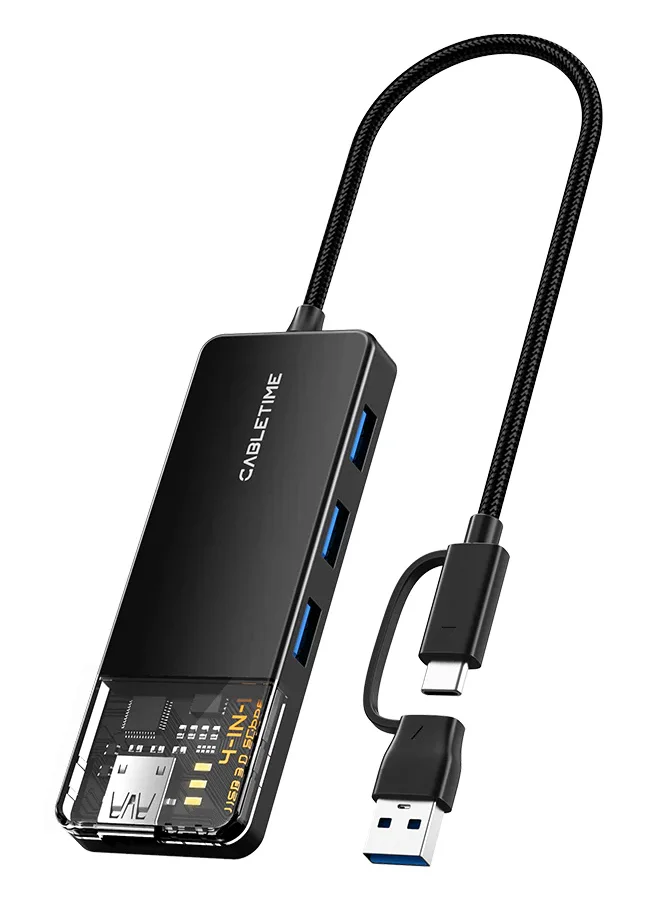 Φωτογραφία προϊόντος: CABLETIME USB hub CT-HUBT3-PB, 4x θυρών, 5Gbps, USB/USB-C σύνδεση, μαύρο