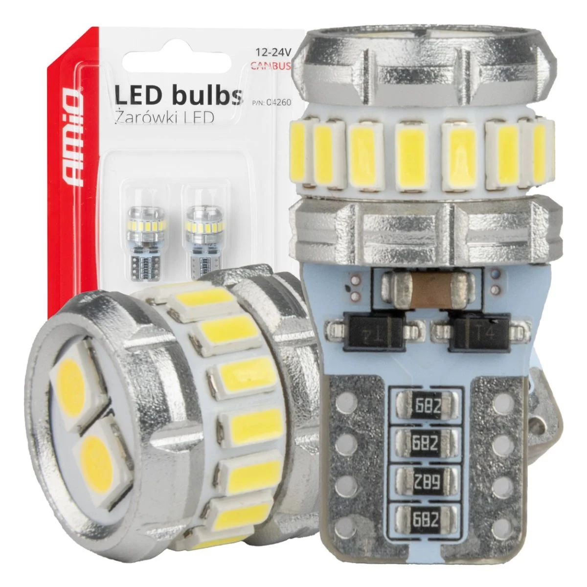 Φωτογραφία προϊόντος: AMIO Amio - Λάμπα LED CANBUS T10 (W5W) 16SMD 3014 + 2SMD 3030 Λευκή 6000K 12V/24V για Φώτα Θέσης, Πινακίδας & Εσωτερικού - 2τεμ. (04260/AM) 04260/AM