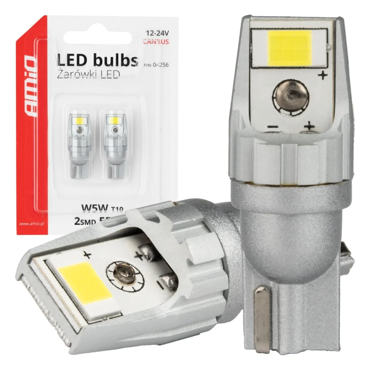 Φωτογραφία προϊόντος: AMIO Amio - Λάμπες LED CANBUS T10 W5W 2SMD 3570 Λευκή 6000K – 12/24V - 2 Τεμ. (04256/AM) 04256/AM