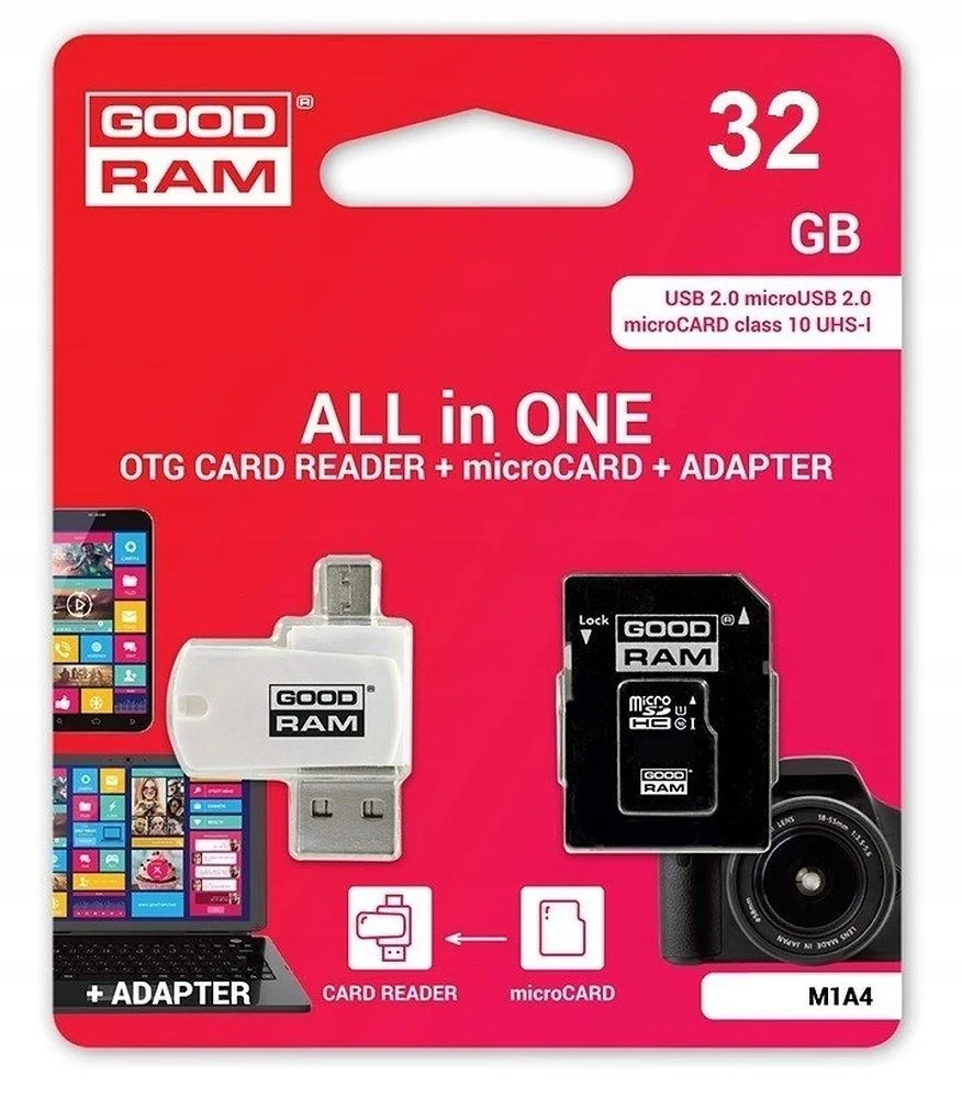 Φωτογραφία προϊόντος: GOODRAM card reader USB A + Micro USB ALL IN ONE M1A4 + memory card micro SD 32GB with adapter SD