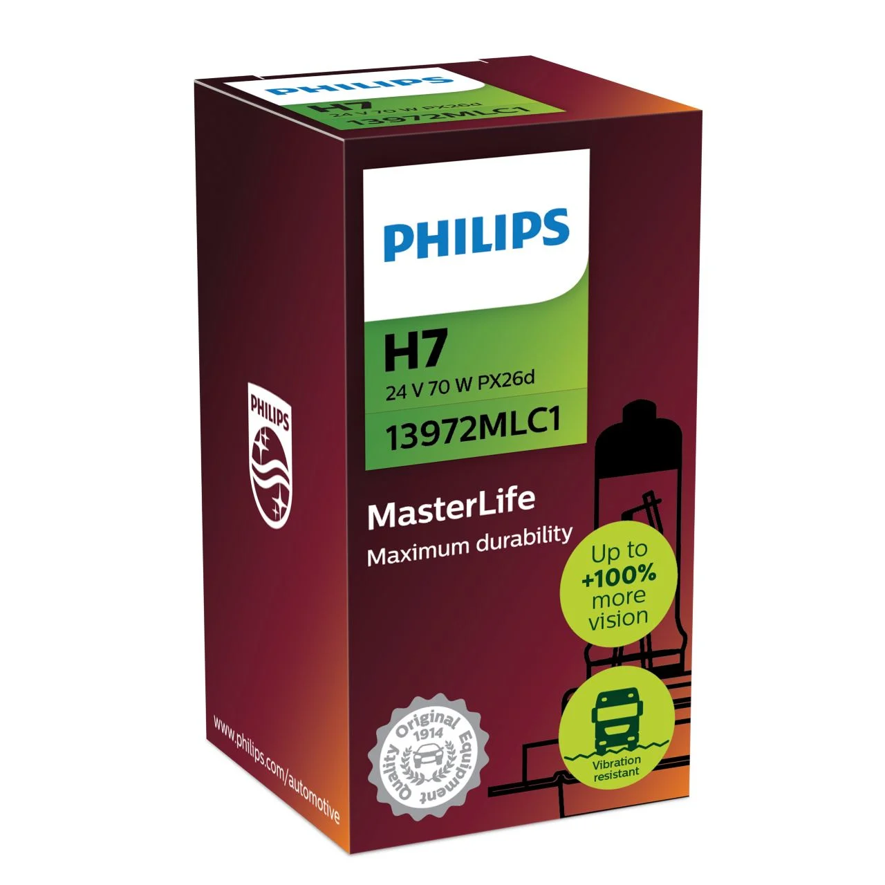 Φωτογραφία προϊόντος: PHILIPS H7 24V 70W PX26d MasterLife μέγιστη αντοχή & 4x διάρκεια ζωής 1τμχ 13972MLC1