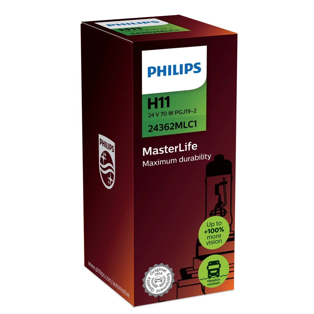 Φωτογραφία προϊόντος: PHILIPS H11 24V 70W PGj19-2 MasterLife C1 μέγιστη αντοχή & 4x διάρκεια ζωής 1τμχ 24362MLC1