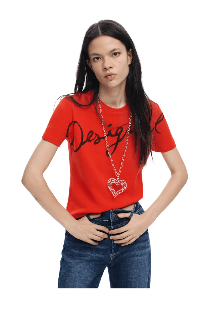Φωτογραφία προϊόντος: Desigual 26SWTK07-3005 Red Cotton T-Shirt with Black Script Logo