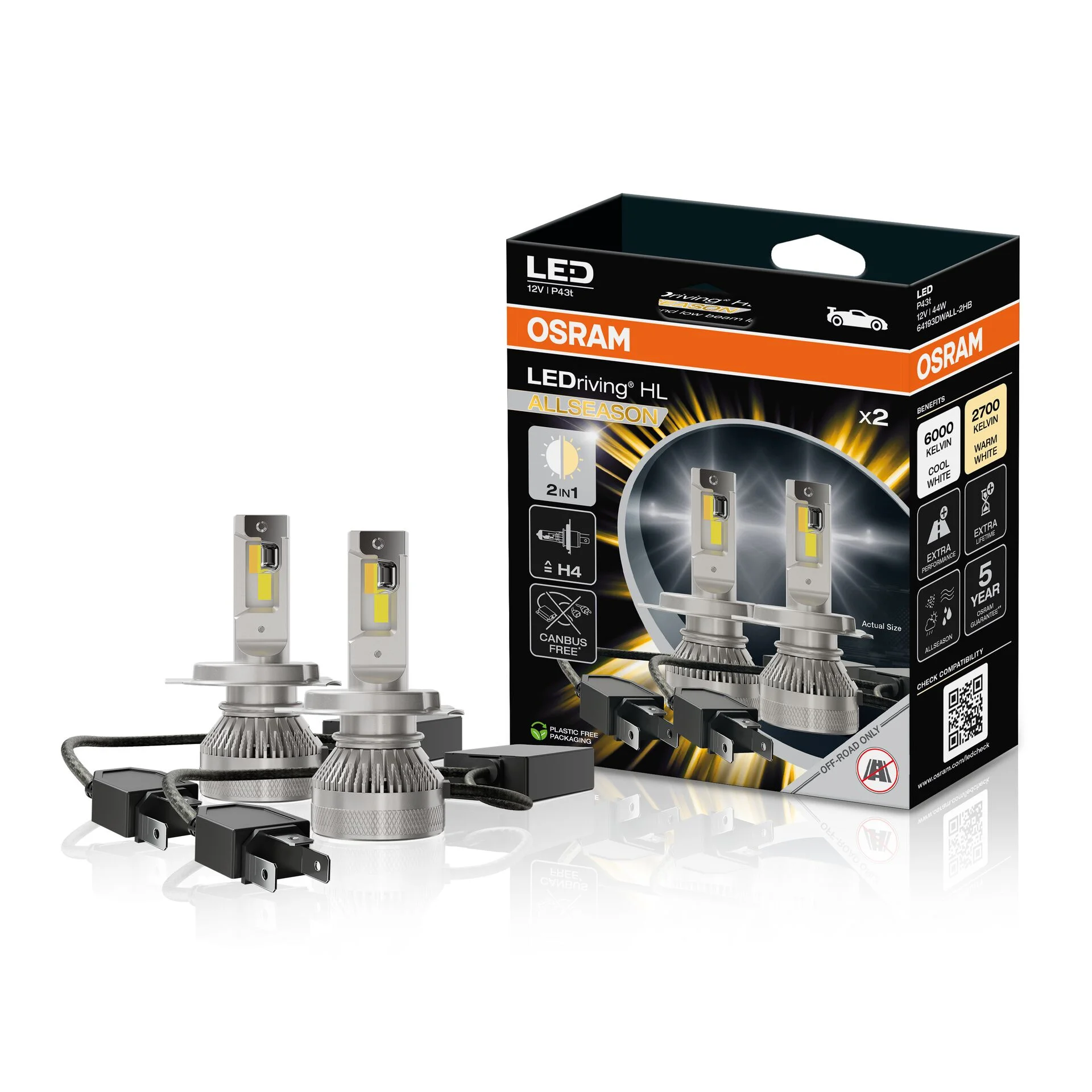 Φωτογραφία προϊόντος: Λάμπες LED H4 OSRAM LEDriving HL Allseason 2-in-1 (6000K & 2700K) 45/45W με Canbus - 2 Τεμάχια